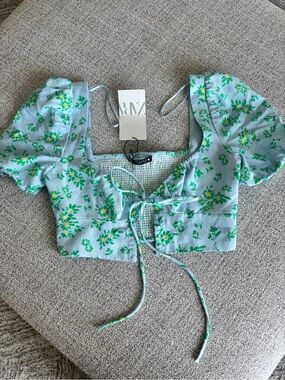 Zara Mint Blue Floral Tie-Front Crop Top